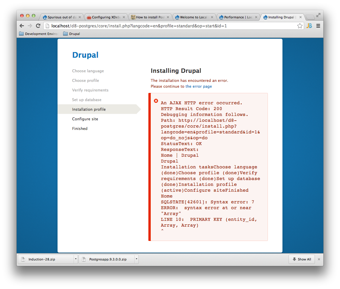 Screen shot of AJAX error during PostgreSQL install.